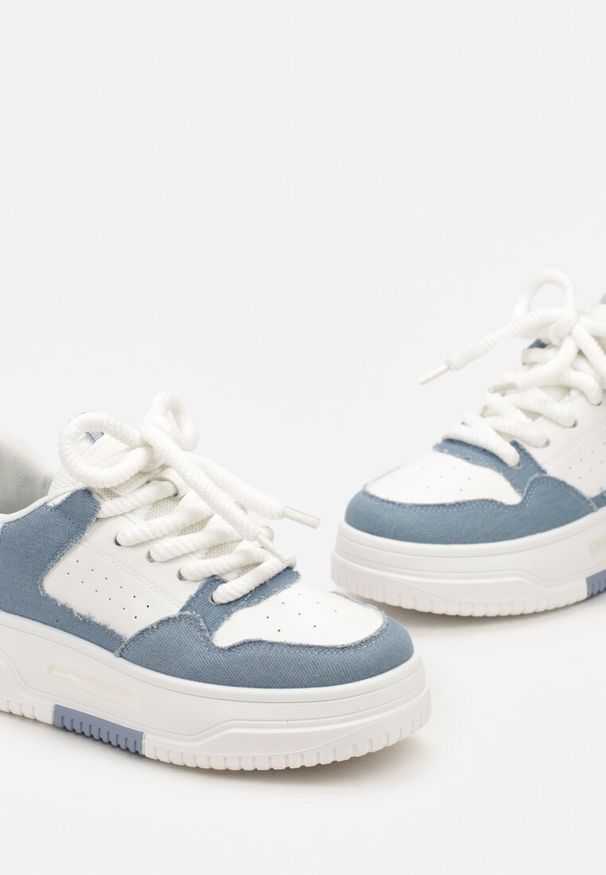 Renee - Biało-Niebieskie Sneakersy na Platformie Wiązane na Szerokie Sznurowadła Viletra. Kolor: biały. Szerokość cholewki: normalna. Obcas: na platformie