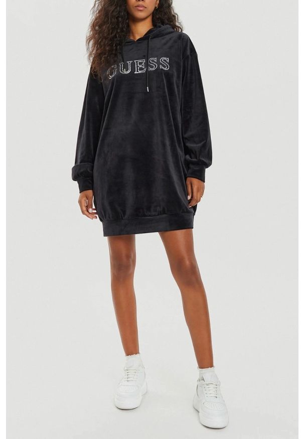 Guess - GUESS Сzarna damska długa welurowa bluza z kapturem Couture, Rozmiar S. Typ kołnierza: kaptur. Kolor: czarny. Materiał: welur. Długość: długie