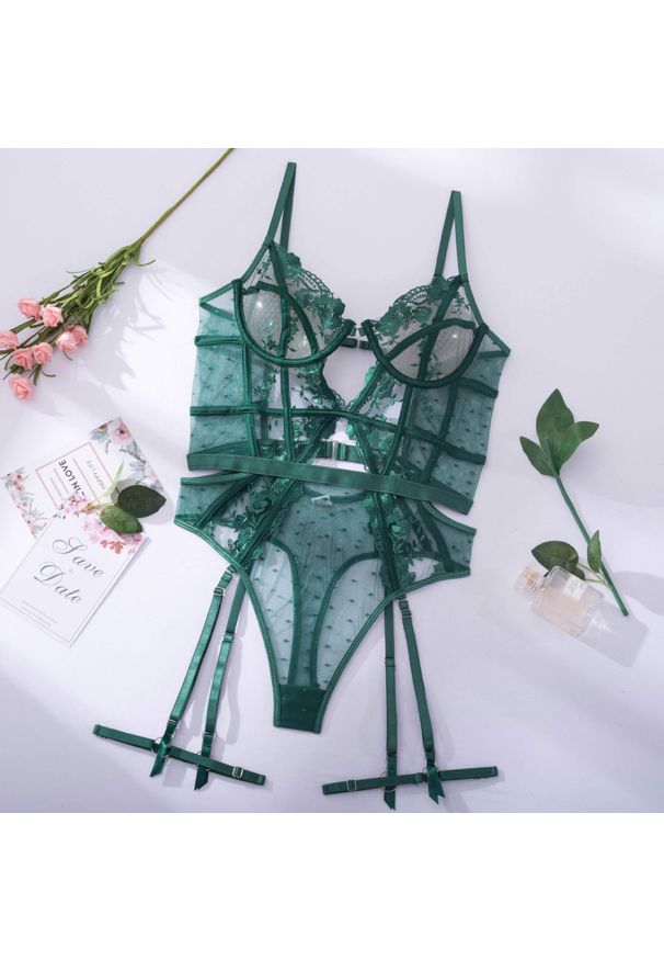 Intica - Komplet bielizny z koronką i siateczkowymi wstawkami Yahavit. Kolor: zielony. Materiał: koronka. Wzór: koronka