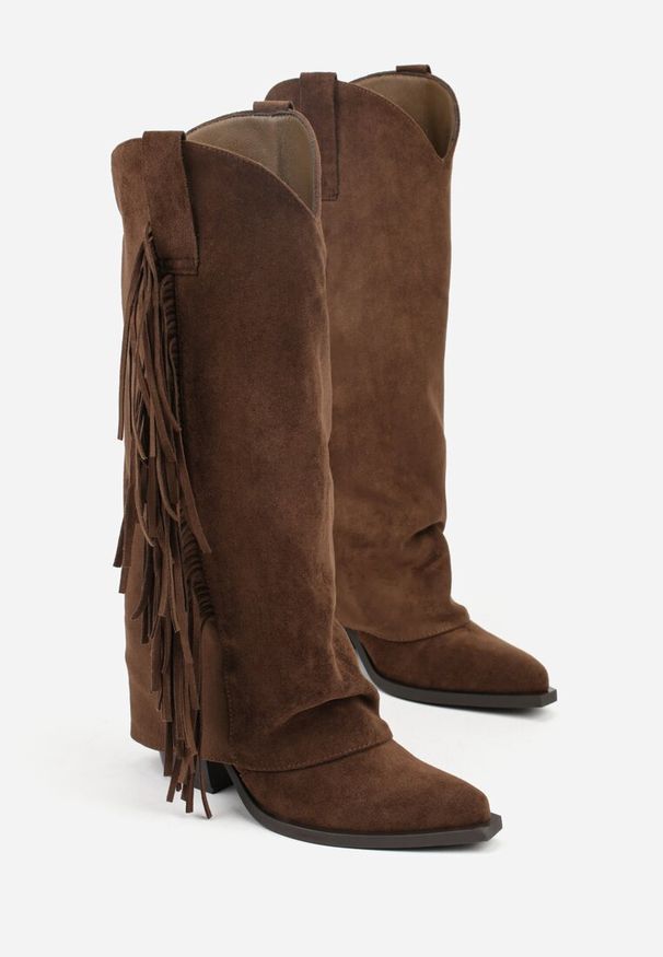 Born2be - Brązowe Kozaki Kowbojki na Obcasie z Wywiniętą Cholewką z Frędzlami Monasatia. Okazja: do pracy. Kolor: brązowy. Materiał: dzianina, jeans. Szerokość cholewki: normalna. Wzór: aplikacja. Obcas: na obcasie. Styl: elegancki, klasyczny. Wysokość obcasa: średni