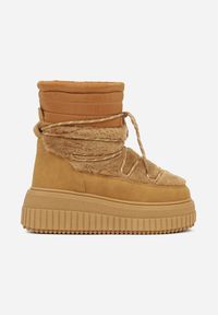 Born2be - Jasnobrązowe Pikowane Śniegowce na Grubej Tłoczonej Podeszwie z Futerkiem Adarlia. Okazja: na co dzień. Kolor: brązowy. Materiał: futro. Styl: casual #7