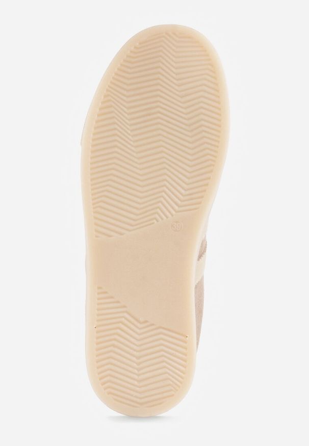 Renee - Ciemnobeżowe Sneakersy na Platformie w Stylu Tenisówek Ozdobione Paskami Ladia. Okazja: na co dzień. Zapięcie: pasek. Kolor: beżowy. Materiał: jeans. Wzór: aplikacja. Sezon: wiosna. Obcas: na platformie