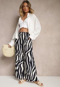Renee - Biało-Granatowe Spodnie o Szerokim Kroju High Waist Ozdobione Paskami Lisamelia. Okazja: na co dzień. Stan: podwyższony. Kolor: biały. Wzór: aplikacja. Styl: klasyczny, elegancki, casual