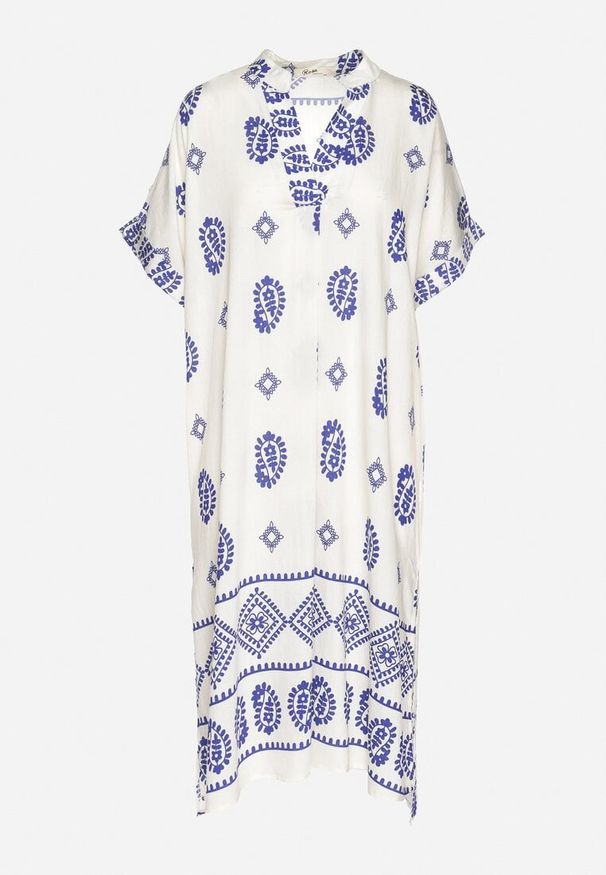 Born2be - Niebiesko-Kremowa Wiskozowa Sukienka Boho o Pudełkowym Kroju z Rozcięciami Nelbia. Okazja: na co dzień. Typ kołnierza: dekolt w serek. Kolor: niebieski. Materiał: wiskoza. Styl: boho