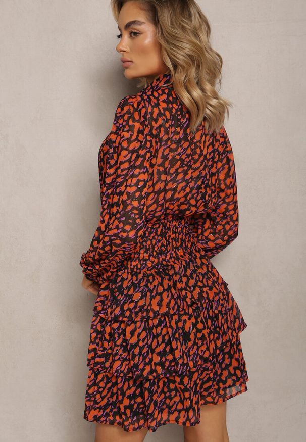 Renee - Pomarańczowa Mini Sukienka o Rozkloszowanym Fasonie Ozdobiona Brokatem Giannes. Kolor: pomarańczowy. Materiał: dzianina. Wzór: aplikacja. Długość: mini