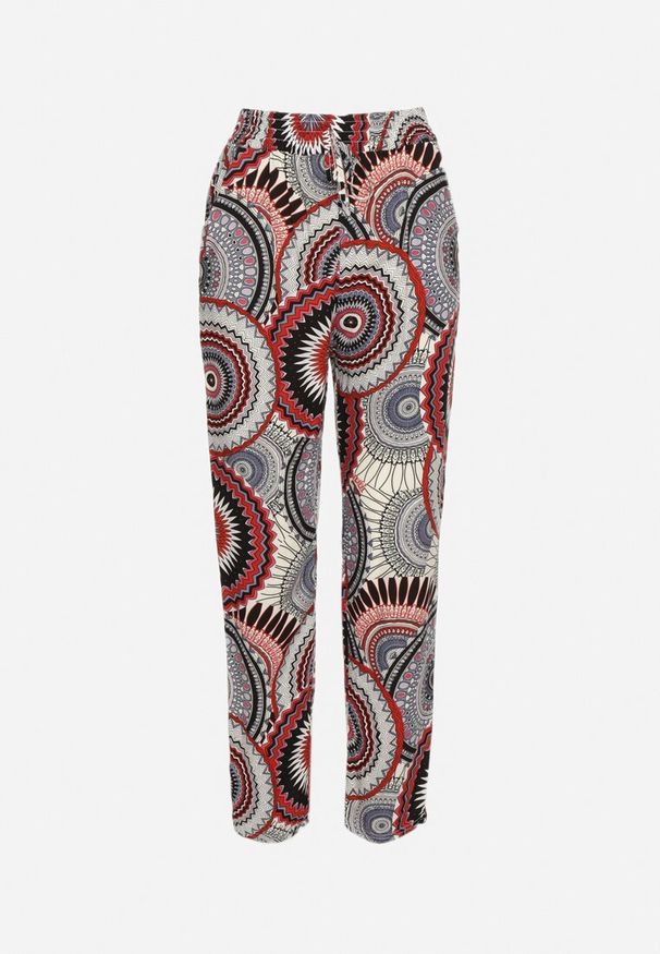 Born2be - Czerwone Bawełniane Spodnie o Szerokim Kroju z Wysokim Stanem ze Wzorem Boho Zarrive. Okazja: na co dzień. Stan: podwyższony. Kolor: czerwony. Materiał: bawełna. Styl: boho