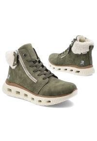 Zielone Botki Rieker Ocieplane Buty Damskie. Okazja: na co dzień. Zapięcie: sznurówki. Kolor: zielony. Materiał: materiał. Szerokość cholewki: normalna. Styl: casual, sportowy #7