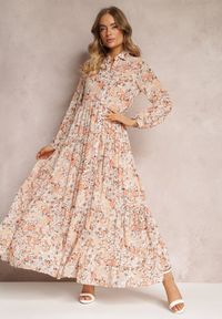 Renee - Różowa Koszulowa Sukienka Maxi w Kwiaty z Falbaną na Dole Nilmisse. Kolor: różowy. Wzór: kwiaty. Typ sukienki: koszulowe. Długość: maxi #1