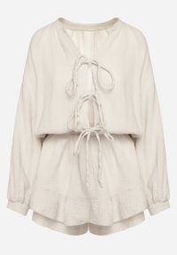Born2be - Beżowy Wiązany Bawełniany Kombinezon Boho z Falbankami i Wiązaniem Lalelia. Okazja: na co dzień, na imprezę. Kolor: beżowy. Materiał: bawełna. Sezon: lato. Styl: boho #7