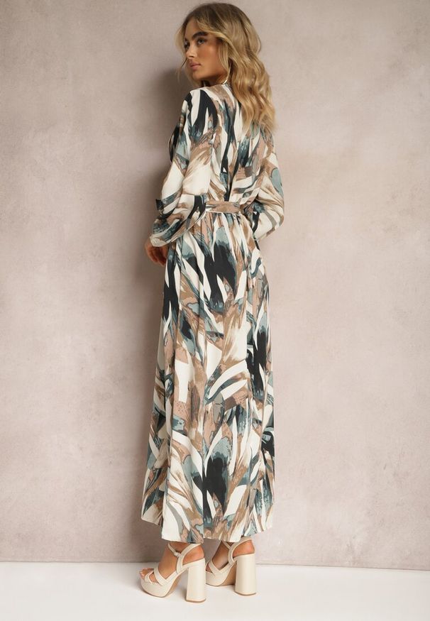 Renee - Beżowo-Zielona Rozkloszowana Sukienka Maxi z Gumką w Pasie Montaga. Typ kołnierza: dekolt kopertowy. Kolor: beżowy. Materiał: tkanina, materiał. Wzór: nadruk, aplikacja. Typ sukienki: kopertowe. Długość: maxi