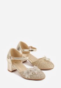 Born2be - Złote Eleganckie Sandały Czółenka na Słupku z Brokatem i Kwiatową Aplikacją Maennes. Okazja: na uczelnię, na imprezę. Zapięcie: pasek. Kolor: złoty. Wzór: aplikacja, kwiaty. Styl: elegancki #2