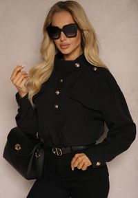 Renee - Czarna Koszula z Kieszeniami Stójką i Ozdobnymi Guzikami Nereina. Typ kołnierza: kołnierzyk stójkowy. Kolor: czarny. Długość rękawa: długi rękaw. Długość: długie #4