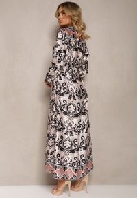 Renee - Beżowo-Czarna Satynowa Sukienka w Ornamentalny Wzór o Pudełkowym Fasonie Elirosa. Kolor: beżowy. Materiał: satyna #4