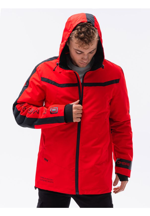 Ombre Clothing - Kurtka męska zimowa C455 - czerwona - XXL. Kolor: czerwony. Materiał: poliester. Wzór: nadruk. Sezon: zima. Styl: sportowy