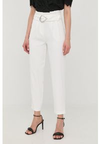 Morgan spodnie damskie kolor biały proste high waist. Okazja: na co dzień. Stan: podwyższony. Kolor: biały. Materiał: tkanina. Styl: casual