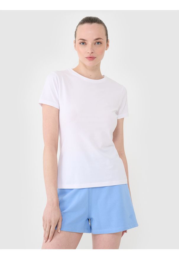 4f - 4F T-shirt slim gładki damski - biały L. Okazja: na co dzień. Kolor: biały. Materiał: dzianina, bawełna, jersey, materiał, elastan. Długość rękawa: krótki rękaw. Długość: krótkie. Wzór: gładki. Sezon: lato. Styl: klasyczny, sportowy, casual
