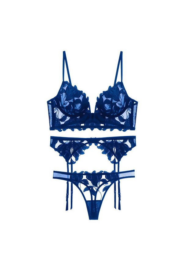 Intica - Komplet bielizny koronkowej z subtelnymi detalami Pitsa. Kolor: niebieski. Materiał: koronka. Wzór: aplikacja