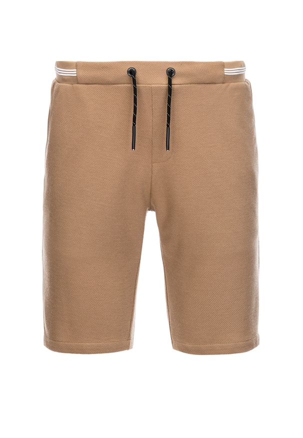 Ombre Clothing - Dzianinowe szorty męskie z ozdobną gumka w pasie - jasnobrązowe V4. Kolor: brązowy. Materiał: dzianina