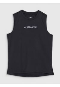 4f - Tank top sportowy szybkoschnący chłopięcy - czarny. Kolor: czarny. Materiał: syntetyk, materiał, elastan, włókno, dzianina. Wzór: jednolity, gładki, napisy, ze splotem. Sport: fitness