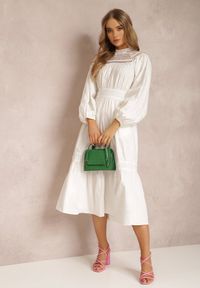 Renee - Biała Sukienka Diomime. Kolor: biały. Materiał: tkanina, koronka. Wzór: gładki, haft, aplikacja, koronka. Styl: boho