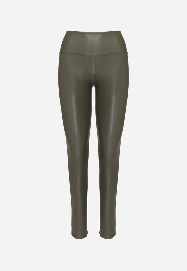 Born2be - Ciemnozielone Legginsy z Ekoskóry z Wysokim Stanem i Polarem Labira. Okazja: na co dzień. Stan: podwyższony. Kolor: zielony. Materiał: polar. Wzór: aplikacja. Styl: elegancki, casual