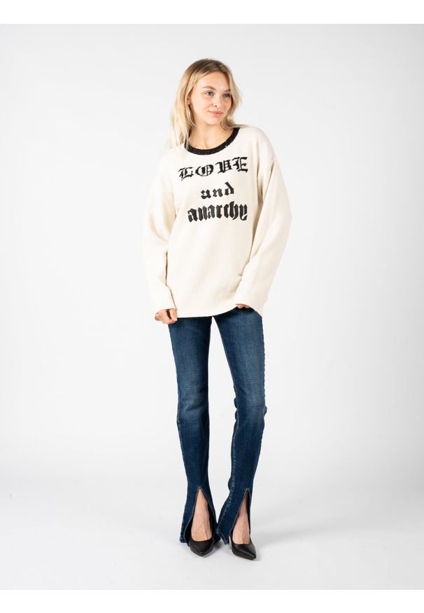 Pinko Sweter "Barbaresco" | 1G166N Y7H5 | Kobieta | Biały. Okazja: na co dzień. Kolor: biały. Materiał: wełna, poliamid, elastan. Wzór: aplikacja, napisy. Styl: casual