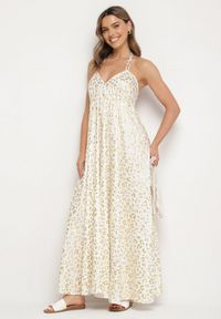 Born2be - Biała Sukienka z Wiskozy z Odkrytymi Plecami i Metalicznym Nadrukiem w Panterkę Linadea. Typ kołnierza: dekolt w serek. Kolor: biały. Materiał: wiskoza. Wzór: nadruk, motyw zwierzęcy. Typ sukienki: rozkloszowane #4