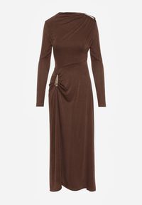 Renee - Brązowa Sukienka Koktajlowa z Marszczeniem i Metaliczną Ozdobą Retanda. Okazja: na randkę, na spotkanie biznesowe, do pracy, na imprezę. Kolor: brązowy. Wzór: aplikacja. Typ sukienki: asymetryczne. Styl: wizytowy #4