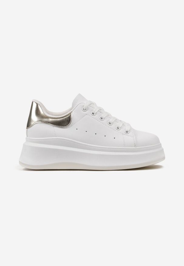 Born2be - Biało-Złote Sneakersy z Delikatną Perforacją i Gumowym Misiem przy Sznurówkach Zephra. Kolor: biały. Materiał: guma