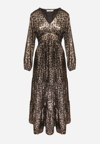 Born2be - Czarno-Złota Rozkloszowana Sukienka w Panterkę z Falbanami i Gumką w Talii Tinnetra. Okazja: na co dzień. Typ kołnierza: dekolt w kształcie V. Kolor: czarny. Materiał: skóra. Wzór: motyw zwierzęcy. Styl: casual, elegancki #4