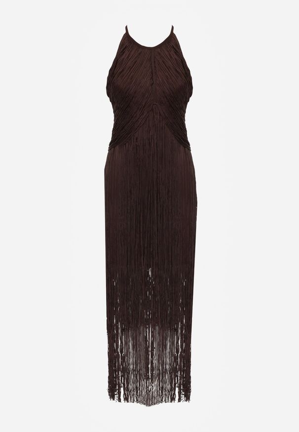 Renee - Brązowa Sukienka Wieczorowa na Ramiączkach z Ozdobnymi Frędzlami Glystarish. Kolor: brązowy. Długość rękawa: na ramiączkach. Styl: wizytowy. Długość: maxi