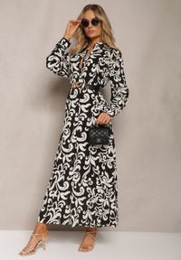 Renee - Czarno-Biała Sukienka Koszulowa w Ornamentalny Print z Wiskozy Eillo. Kolor: czarny. Materiał: wiskoza. Wzór: nadruk. Typ sukienki: koszulowe #5
