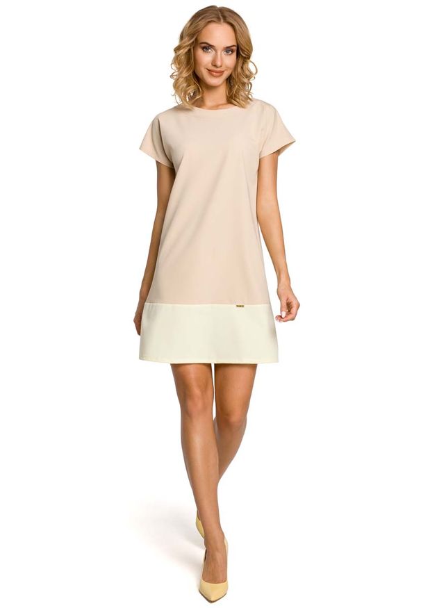 MOE - Pastelowa Prosta Mini Sukienka - Beżowy. Kolor: beżowy. Materiał: wiskoza, poliester, elastan. Typ sukienki: proste. Długość: mini