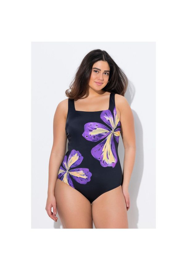 ULLA POPKEN - Damski Kostium kąpielowy kwiaty miękkie miseczku. Kolekcja: plus size. Kolor: czarny. Materiał: poliester, elastan, poliamid, materiał. Wzór: kwiaty