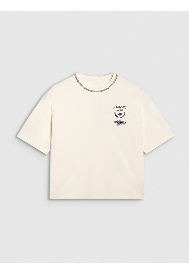 4f - 4F T-shirt oversize z nadrukiem damski - biały XL. Okazja: na co dzień. Kolor: biały. Materiał: materiał, bawełna, jersey, dzianina. Długość rękawa: krótki rękaw. Długość: krótkie. Wzór: nadruk. Styl: sportowy, klasyczny, casual