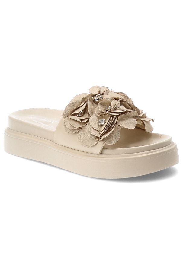 Klapki damskie S.Barski, cholewka ze skóry ekologicznej wsuwane z przodu ozdobne kwiaty, beżowe, MR61-9015. Kolor: beżowy. Materiał: skóra ekologiczna. Wzór: kwiaty