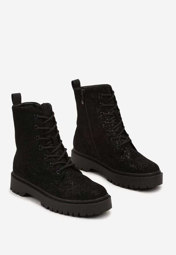 Born2be - Czarne Płaskie Sznurowane Botki w Stylu Workerów z Brokatem Lilaza. Zapięcie: sznurówki. Kolor: czarny. Materiał: jeans. Obcas: na obcasie. Styl: elegancki. Wysokość obcasa: niski