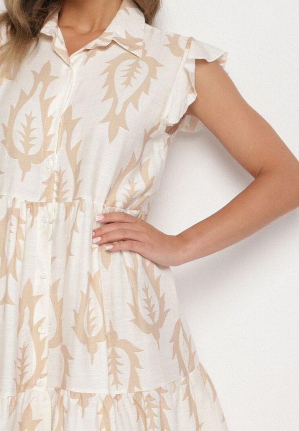 Born2be - Beżowa Rozkloszowana Sukienka o Koszulowym Kroju z Lnem i Wiskozą Folarane. Okazja: na spacer, na co dzień. Kolor: beżowy. Materiał: len, wiskoza. Wzór: aplikacja. Typ sukienki: koszulowe. Styl: klasyczny, casual, elegancki