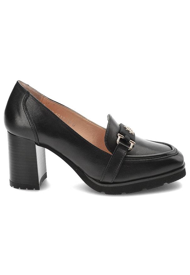 Czarne Półbuty Simen Skórzane Eleganckie Buty Na Obcasie. Zapięcie: bez zapięcia. Kolor: czarny. Materiał: skóra. Szerokość cholewki: normalna. Wzór: aplikacja. Obcas: na obcasie. Styl: elegancki. Wysokość obcasa: średni