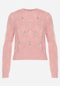 Born2be - Różowy Sweter Ozdobiony Tłoczeniem i Kwiatkami Eretina. Okazja: na co dzień. Kolor: różowy. Materiał: jeans. Wzór: aplikacja, kwiaty. Styl: casual #7