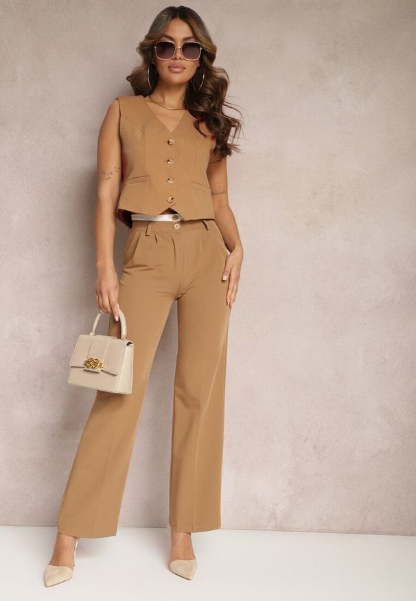 Renee - Jasnobrązowe Spodnie Garniturowe High Waist z Przeszyciami Variola. Stan: podwyższony. Kolor: brązowy. Styl: klasyczny