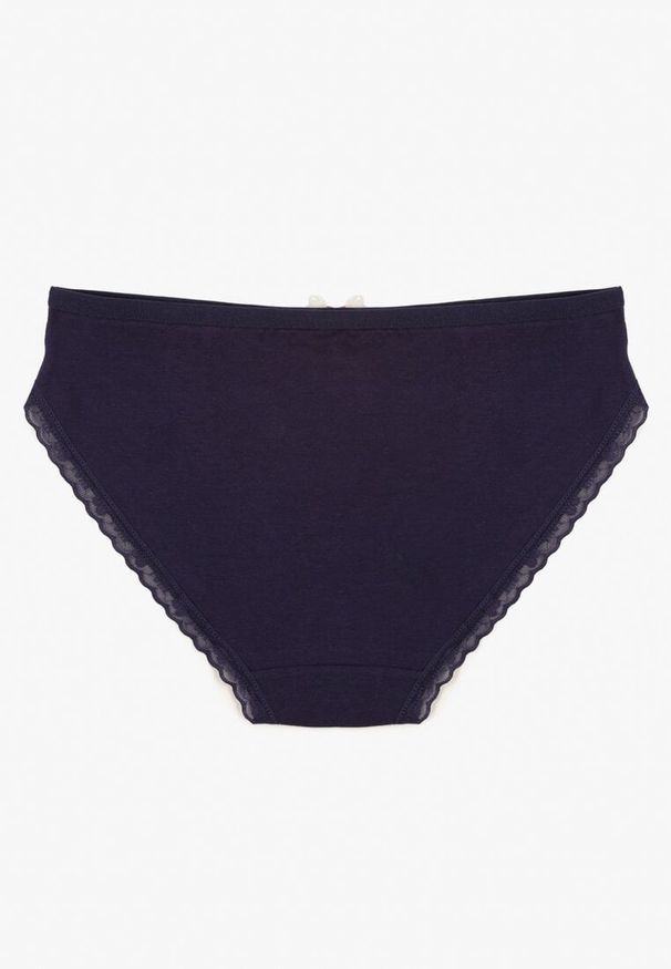 Renee - Granatowe Majtki Figi z Bawełny Ozdobione Kokardą i Koronką Zeterie. Kolor: niebieski. Materiał: bawełna, koronka. Wzór: aplikacja, koronka