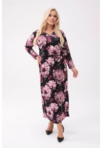 Moda Size Plus Iwanek - Elegancka sukienka Róża w kwiatowym wydaniu o długości MIDI PLUS SIZE XXL OVERSIZE. Okazja: na co dzień. Kolekcja: plus size. Materiał: tkanina, wiskoza, dzianina, materiał, elastan. Długość rękawa: długi rękaw. Wzór: kwiaty. Typ sukienki: oversize, dla puszystych. Styl: elegancki. Długość: midi