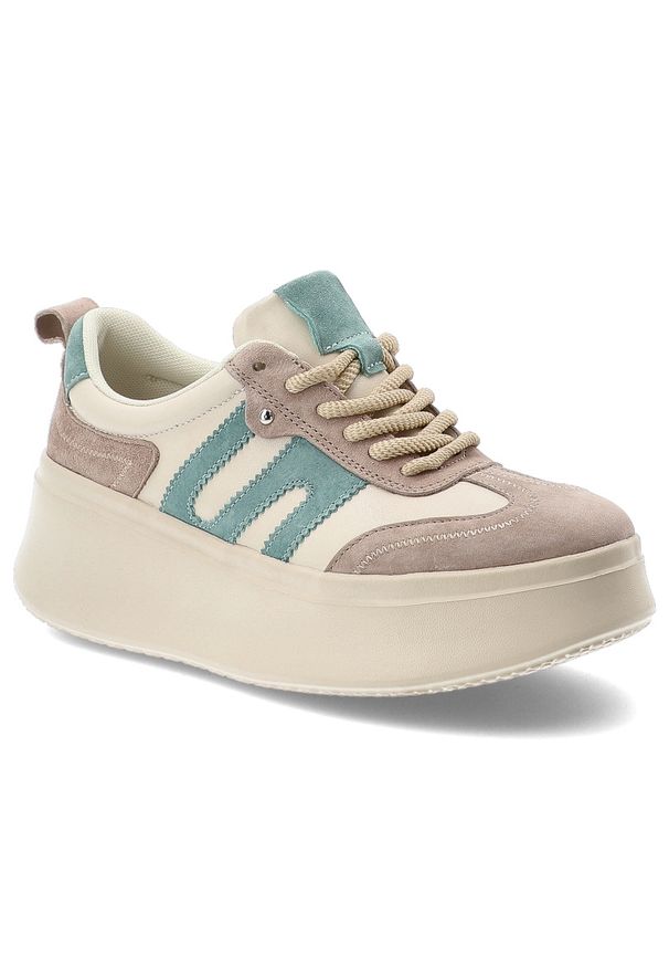 Sneakersy damskie Filippo, cholewka ze skóry naturalnej zamszowej z kontrastowymi panelami klasyczne sznurowanie masywna platformowa podeszwa, beżowe. Zapięcie: sznurówki. Kolor: beżowy. Materiał: skóra, zamsz. Szerokość cholewki: normalna