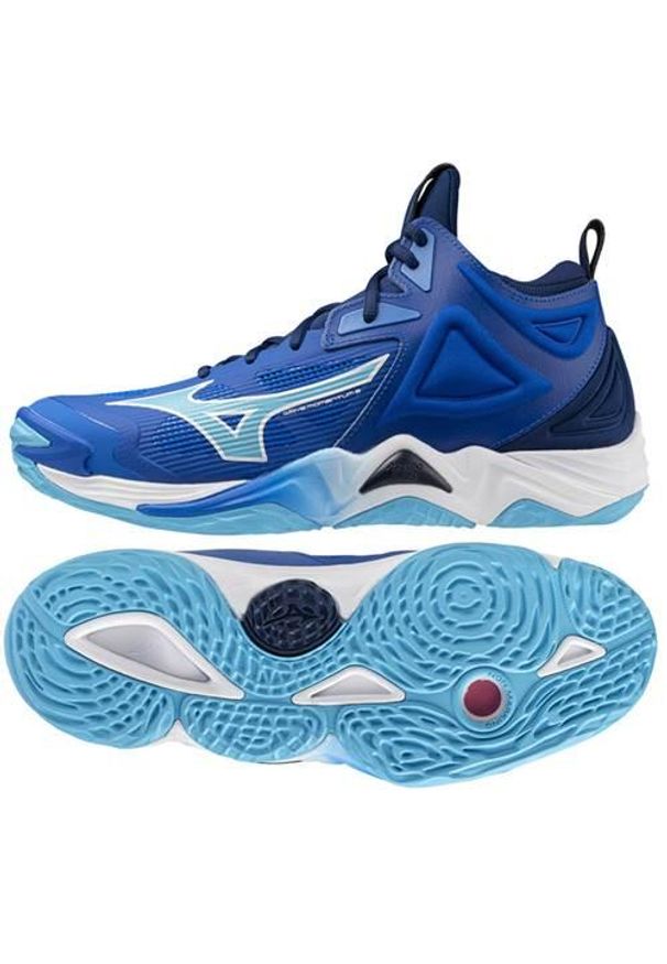 Buty halowe Mizuno Wave Momnetum Mid. Kolor: wielokolorowy, niebieski, biały. Model: Mizuno Wave. Sport: turystyka piesza, siatkówka