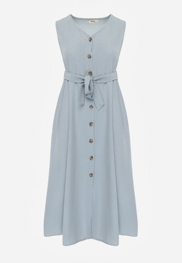 Renee - Jasnoniebieska Trapezowa Sukienka Midi bez Rękawów z Wiązanym Paskiem Ajana. Kolor: niebieski. Materiał: materiał. Długość rękawa: bez rękawów. Typ sukienki: trapezowe. Długość: midi