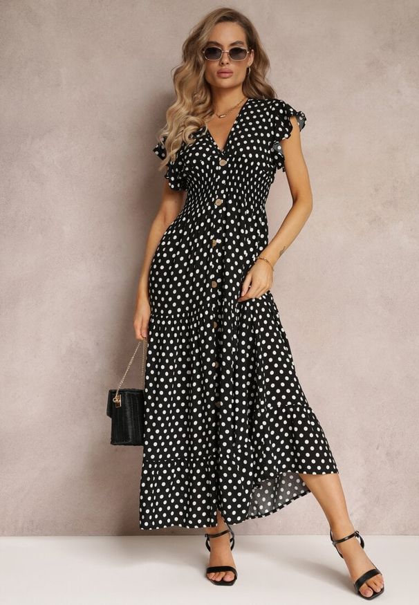 Renee - Czarna Rozkloszowana Sukienka Maxi w Kropki z Gumką w Talii Janey. Okazja: na co dzień, na imprezę. Kolor: czarny. Wzór: kropki. Styl: casual. Długość: maxi