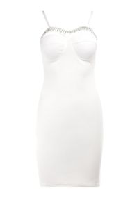 Born2be - Biała Sukienka Aedarpia. Typ kołnierza: dekolt kwadratowy. Kolor: biały. Długość rękawa: na ramiączkach. Wzór: aplikacja. Typ sukienki: dopasowane. Styl: wizytowy, elegancki. Długość: mini #3