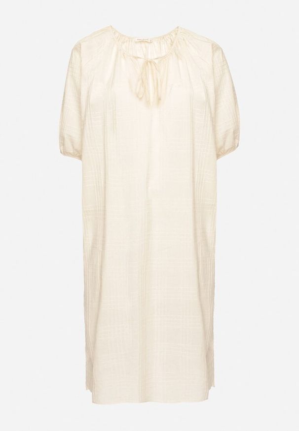 Born2be - Beżowa Bawełniana Sukienka Oversize z Wiązaniem pod Szyją Tolanea. Kolor: beżowy. Materiał: bawełna. Długość rękawa: krótki rękaw. Typ sukienki: oversize