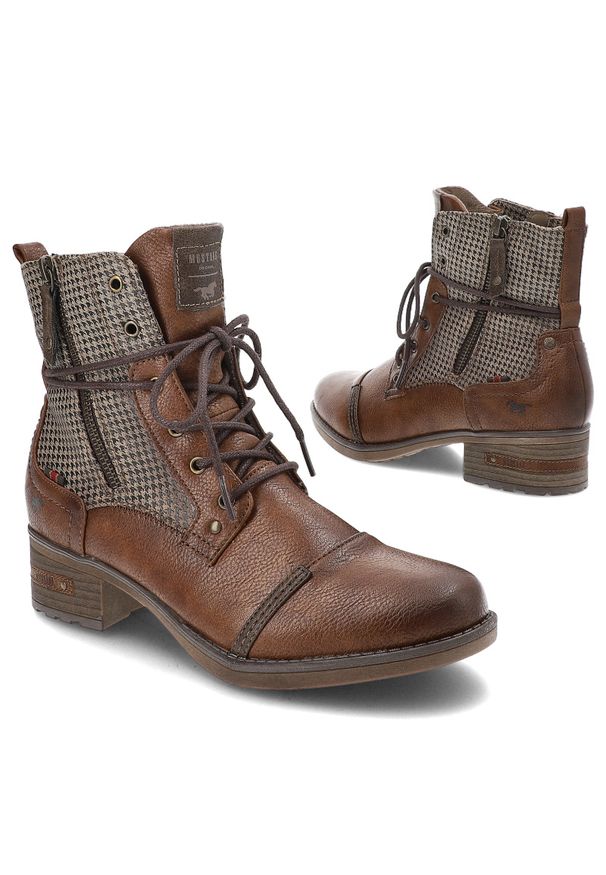 Brązowe Botki Mustang Modne Buty Damskie. Okazja: na co dzień. Zapięcie: sznurówki. Kolor: brązowy. Materiał: syntetyk, materiał, skóra ekologiczna, futro. Styl: casual, elegancki